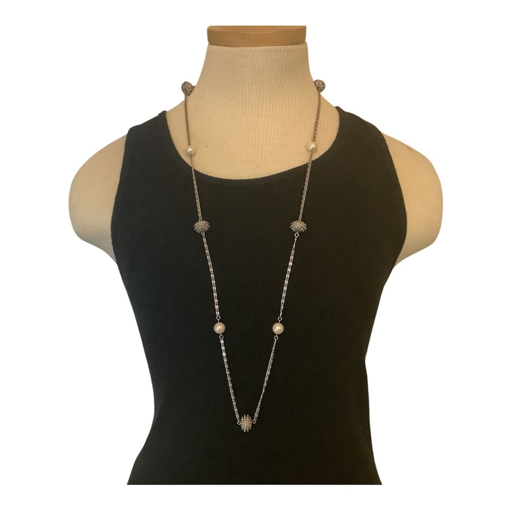 Vintage Scroll Style Chain Silver Tone Faux Pearl 18” Signed WN Avon Necklace